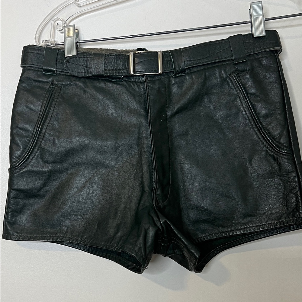 Dark green Faux Leather Women’s Shorts with silver Belt